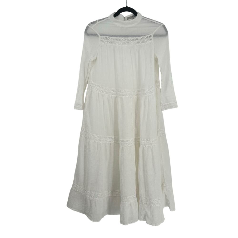 All Saints High Neck Tiered Lace Inlay White Dress 2 Cottagecore Sheer Midi Maxi